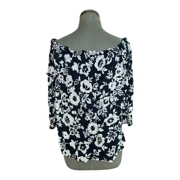 LOFT Navy Blue Floral Print Off Shoulder Blouse Bell Sleeve Ruffled Women’s Top - Picture 4 of 6